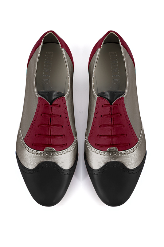 Satin black, taupe brown and burgundy red women's fashion lace-up shoes.. Top view - Florence KOOIJMAN